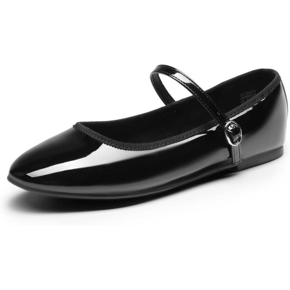 Dream Pairs Women's Black-pat CALF PU Round Toe Buckled Ankle Strap Ballet Flats